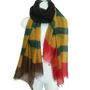 Multicolor Striped Green Yellow Black Red Poly Gauze Lightweight Scarf 40 x 71"